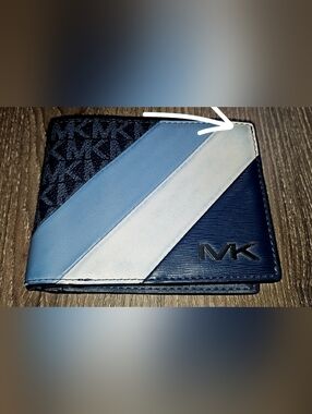 Authentic Michael Kors Pale Blue Rivington Striped Logo Billfold Wallet